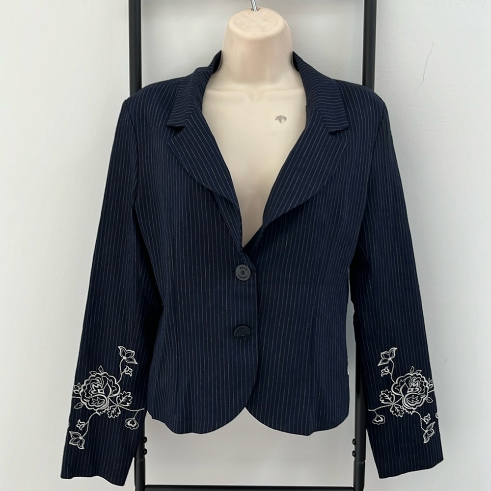 Denny Rose Embroidery Strips Long Sleeve Blue Blazer Women Size M New